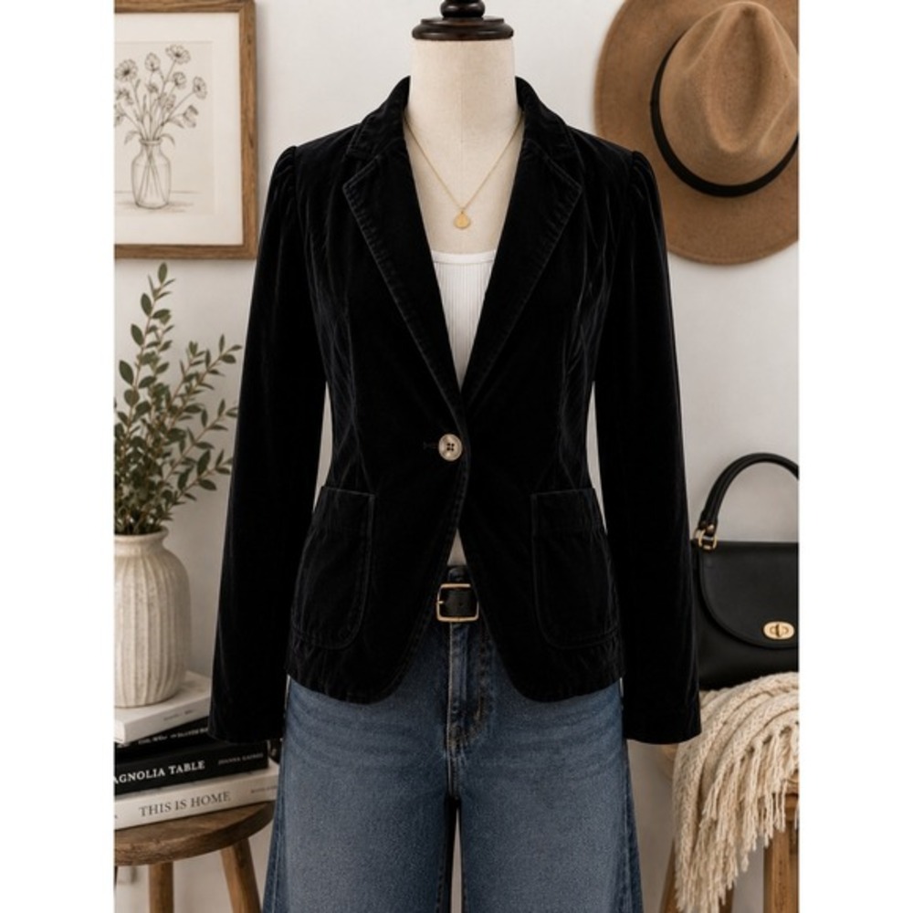 Vintage GAP Velvet Blazer Womens 6 Black Single Button Y2K Dark Academia‎